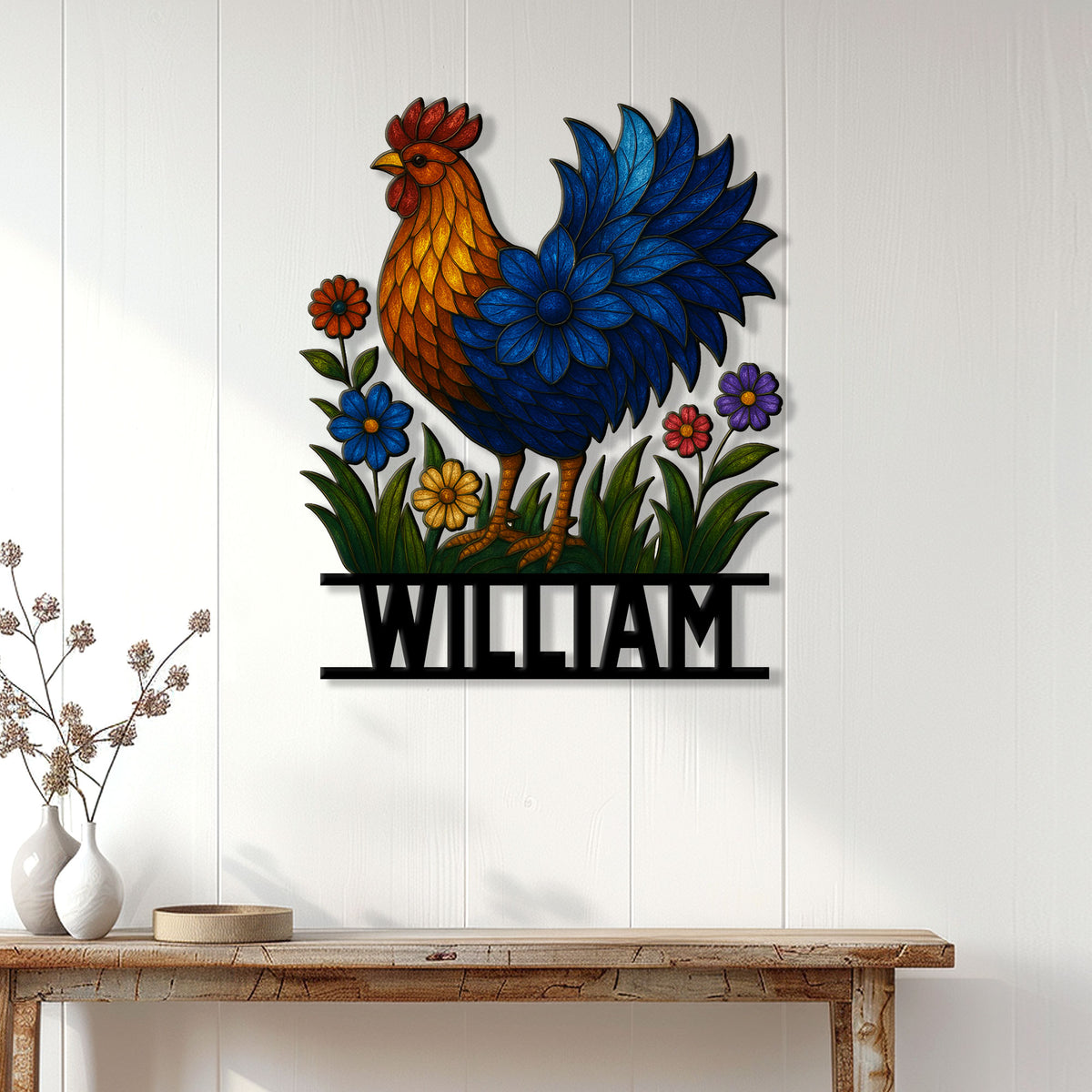 Colorful rooster metal sign displayed on a white paneled wall above a console table