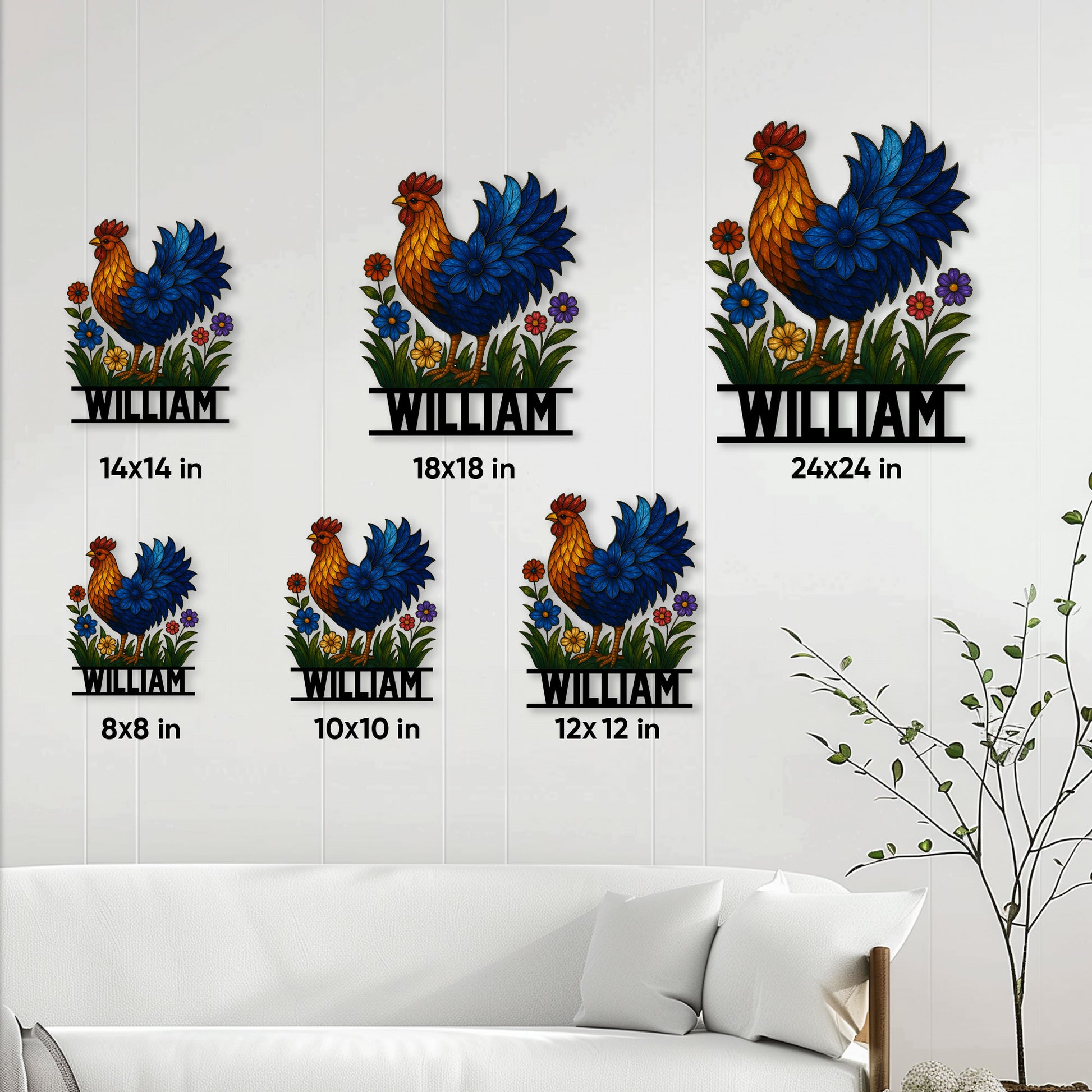 Chicken metal sign size guide showing the colorful rooster and flower design in multiple dimensions
