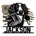 Boykin Spaniel metal sign featuring a bold black-and-white hunting dog portrait with camouflage field accents