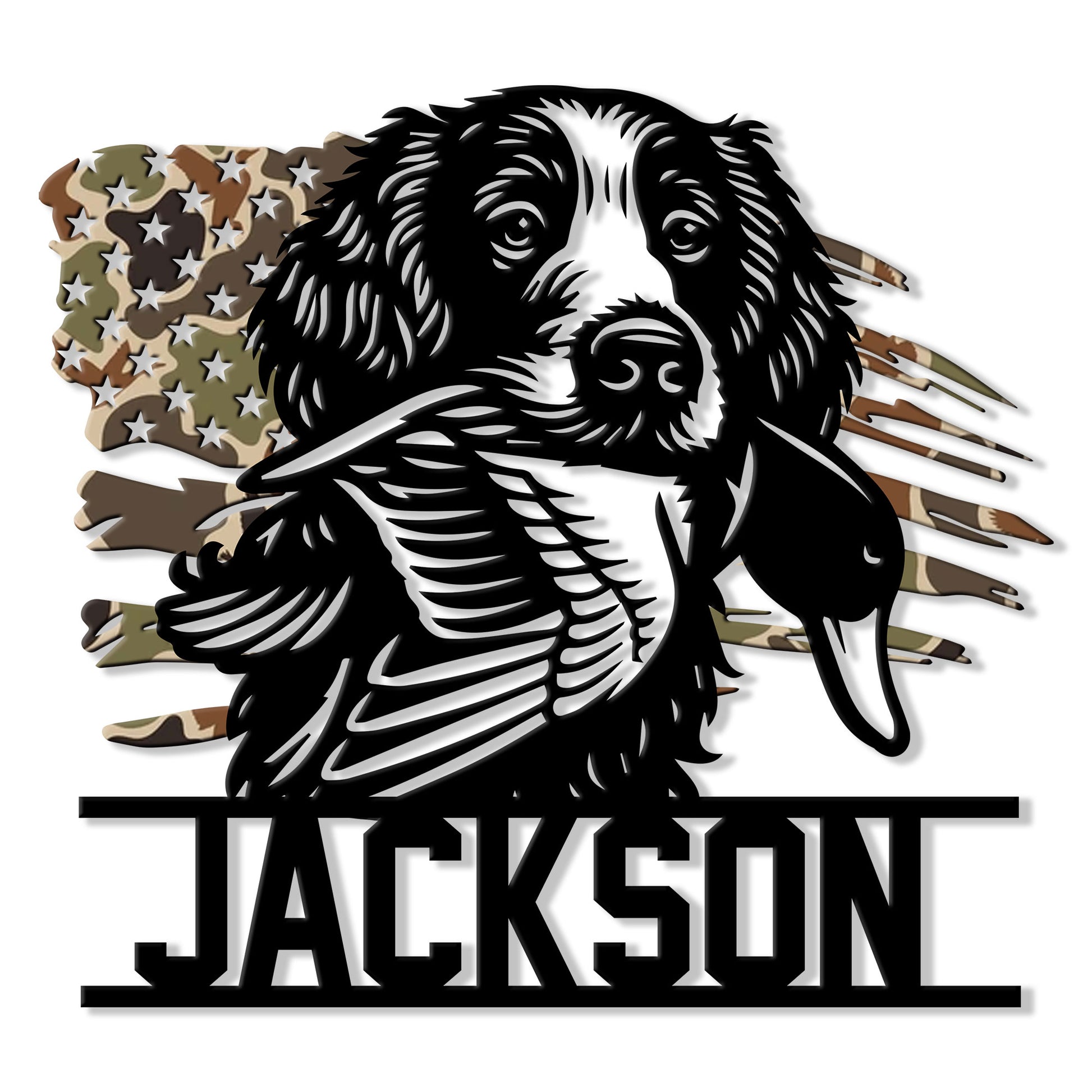 Boykin Spaniel metal sign featuring a bold black-and-white hunting dog portrait with camouflage field accents