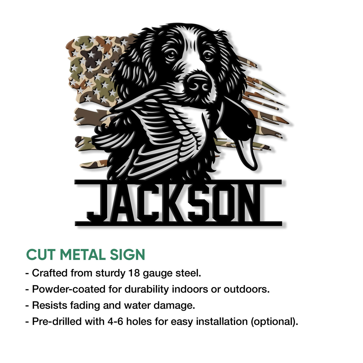 Boykin Spaniel cut metal sign feature graphic showing the hunting dog artwork and product presentation