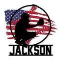 Patriotic baseball metal sign featuring a batter silhouette, baseball, glove, and distressed American flag design