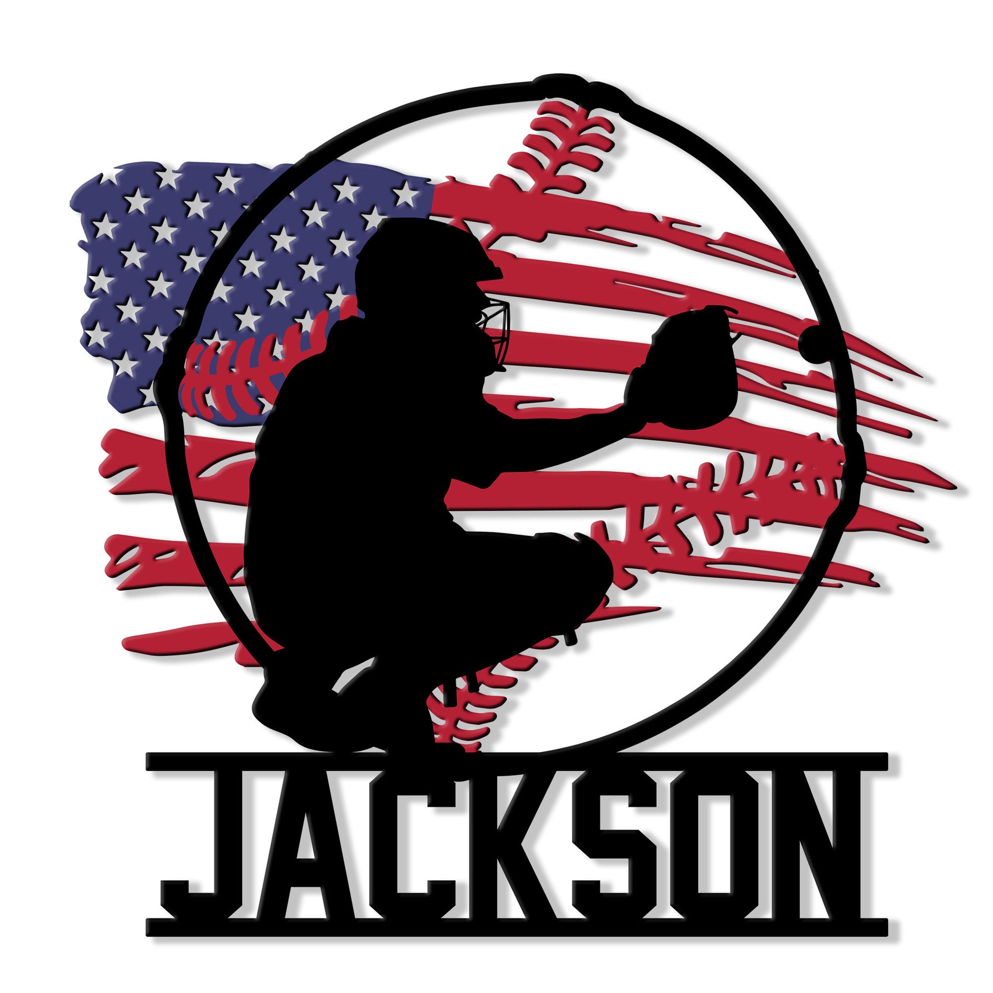 Patriotic baseball metal sign featuring a batter silhouette, baseball, glove, and distressed American flag design