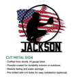 Patriotic baseball player silhouette metal sign shown in a product feature presentation