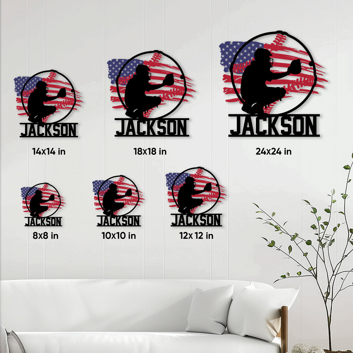 Baseball metal sign size guide showing display options from 8 by 8 inches to 24 by 24 inches