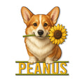 Corgi metal sign featuring a cheerful dog holding a sunflower above bold decorative lettering