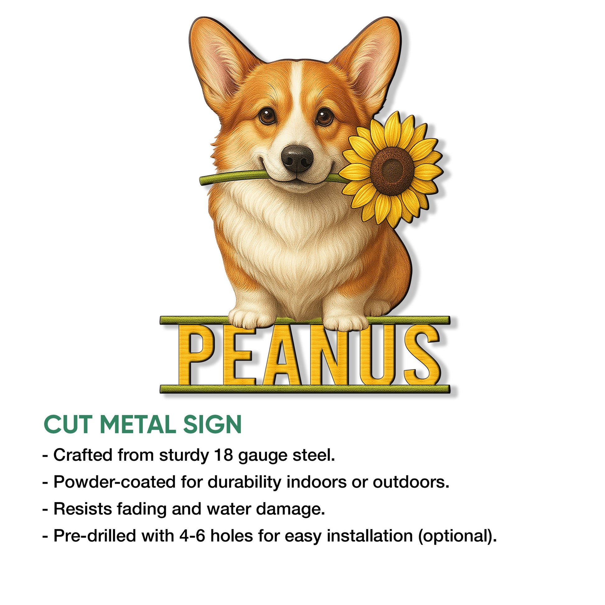 Corgi cut metal sign shown in a product feature graphic with sunflower artwork