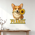 Corgi and sunflower metal wall sign displayed on a bright paneled home interior wall