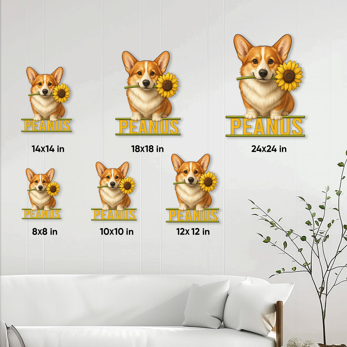 Corgi sunflower metal sign shown in multiple size options above a living room sofa