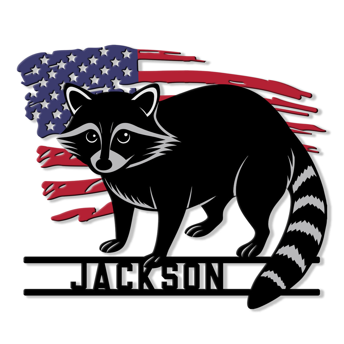 Custom raccoon metal sign featuring a bold black raccoon silhouette over a distressed American flag