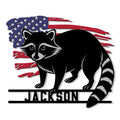 Custom raccoon metal sign featuring a bold black raccoon silhouette over a distressed American flag