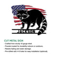 Raccoon metal sign with patriotic flag artwork and a cutout wildlife design for indoor or outdoor decor