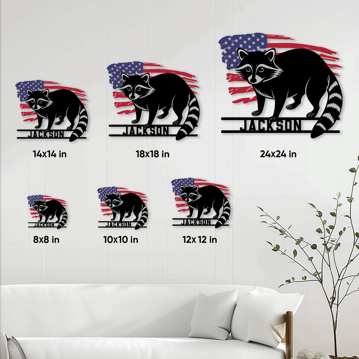 Raccoon metal sign size guide showing available square sizes from 8 by 8 to 24 by 24 inches