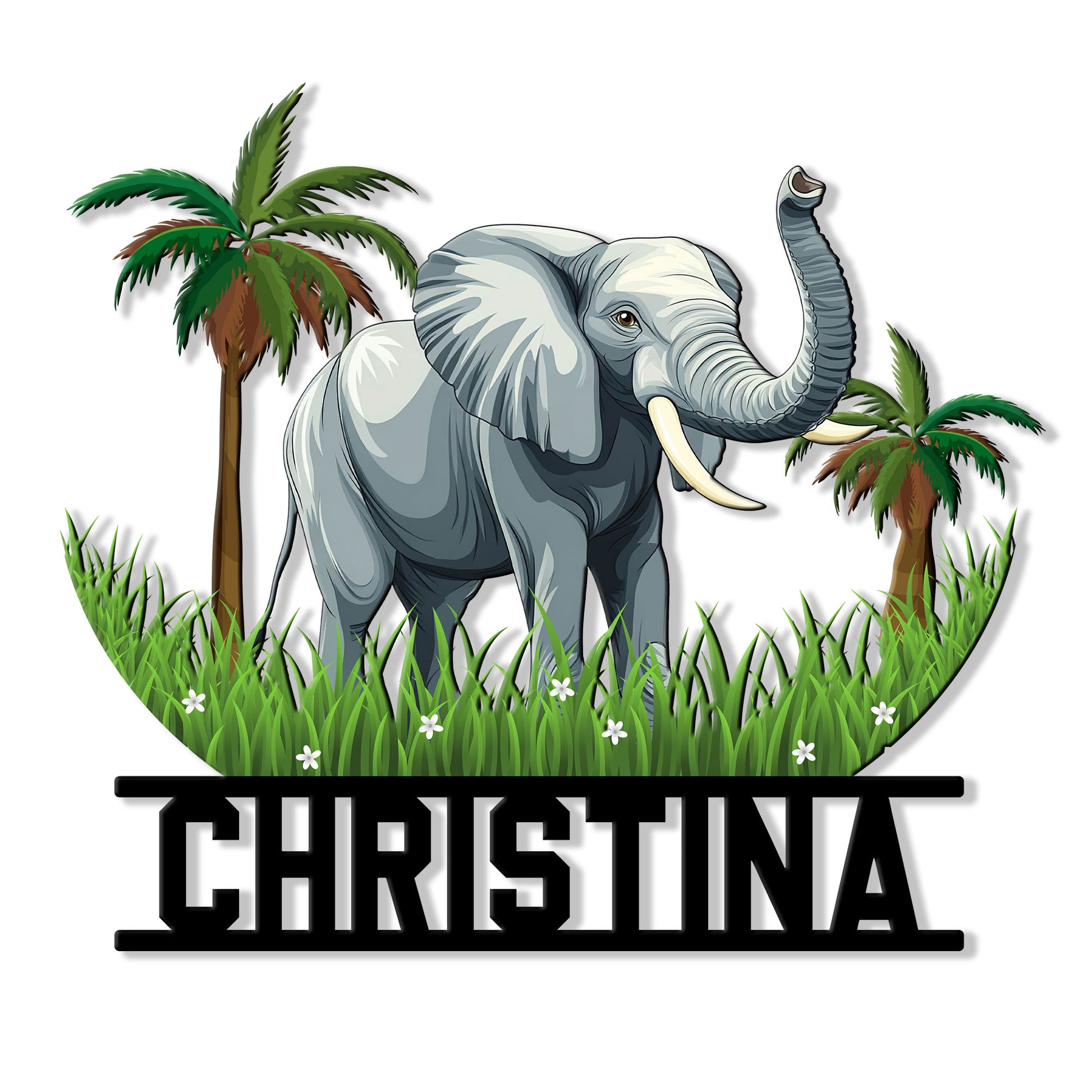 Colorful elephant metal sign featuring a raised-trunk elephant in tropical grass with palm trees