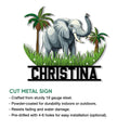 Elephant metal sign product graphic showing a tropical safari scene and decorative wall sign design