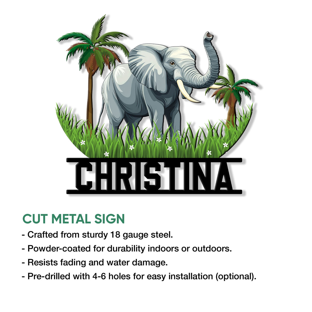 Elephant metal sign product graphic showing a tropical safari scene and decorative wall sign design