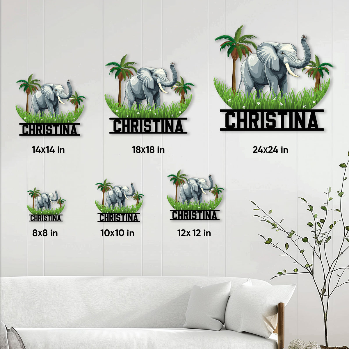 Elephant metal sign size guide showing available square sizes from 8 by 8 to 24 by 24 inches