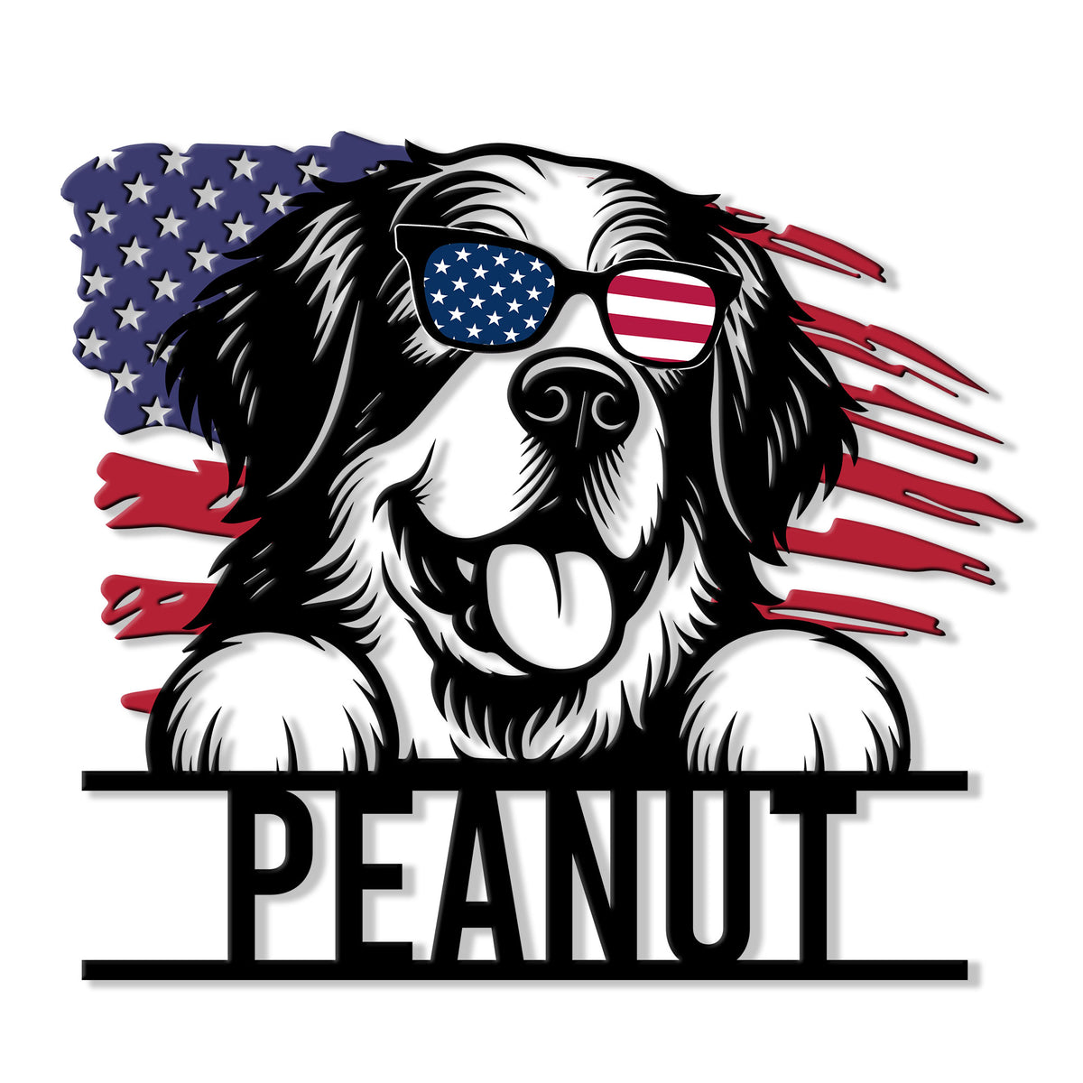 Patriotic Saint Bernard metal sign featuring a dog wearing American flag sunglasses