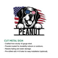 Patriotic Saint Bernard cut metal sign shown with product feature information