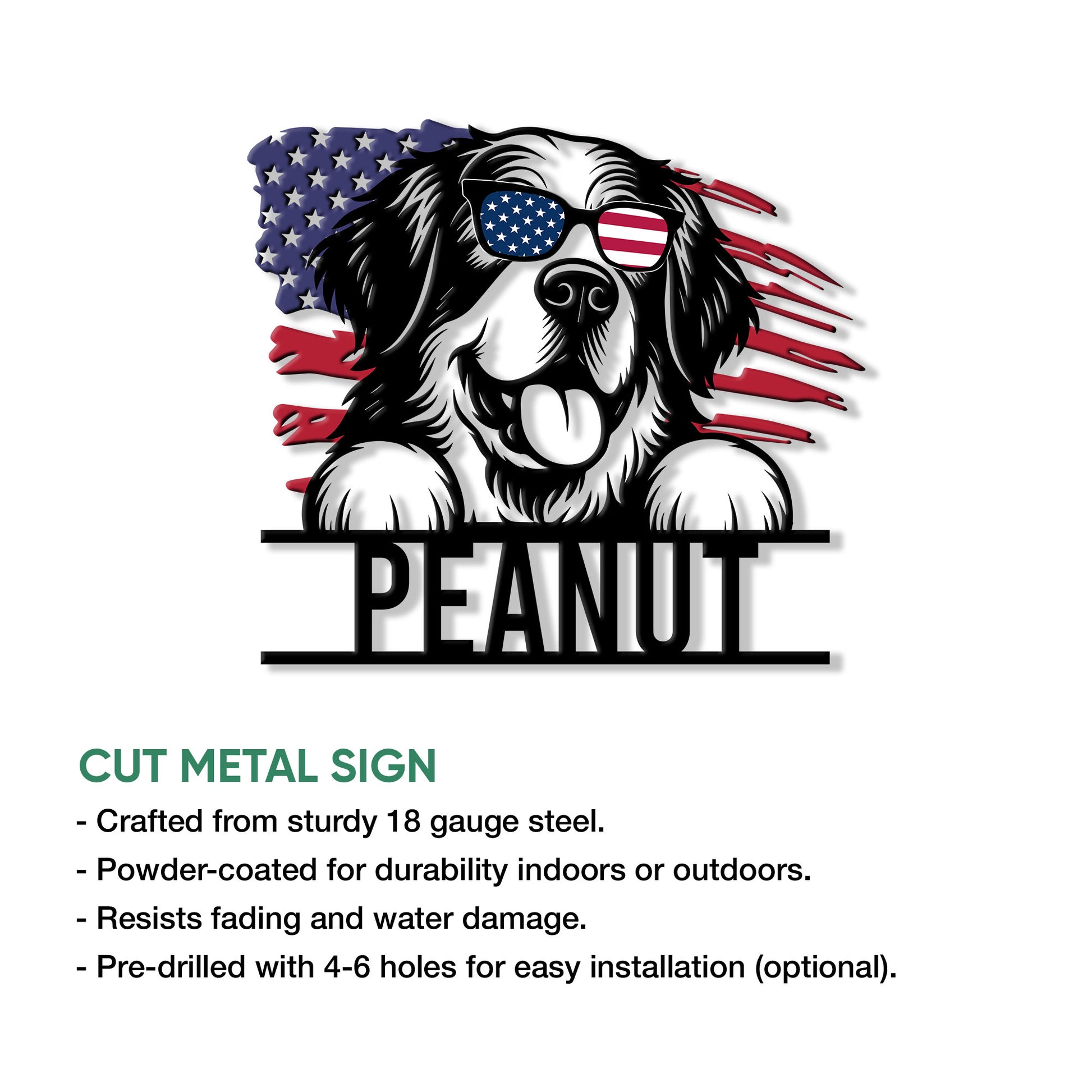 Patriotic Saint Bernard cut metal sign shown with product feature information