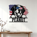 Saint Bernard dog metal sign displayed as patriotic wall decor in a bright home interior