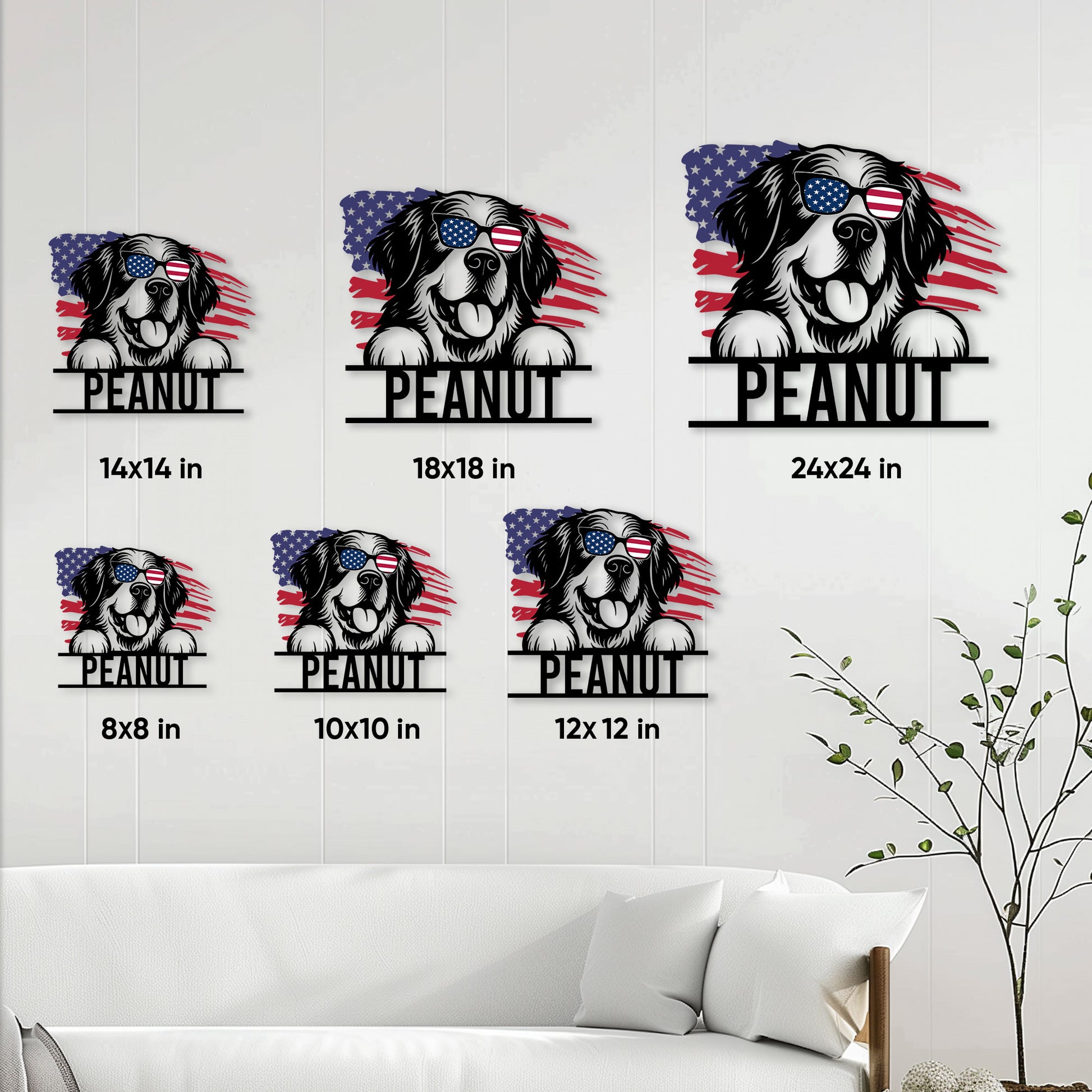 Saint Bernard metal sign size guide showing six available square sign sizes