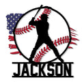 Baseball metal sign featuring a batter silhouette, crossed baseballs, and patriotic star and stripe accents
