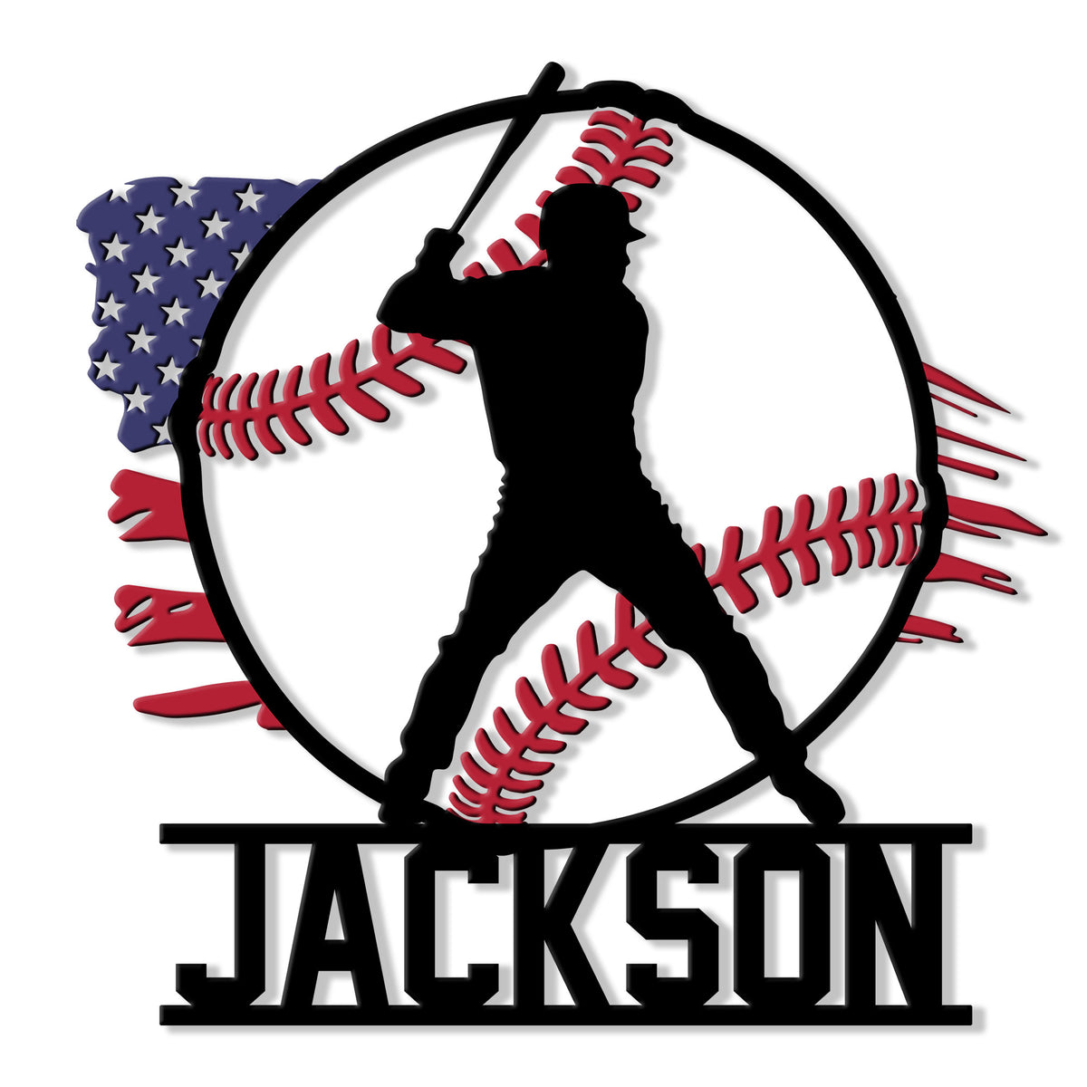 Baseball metal sign featuring a batter silhouette, crossed baseballs, and patriotic star and stripe accents