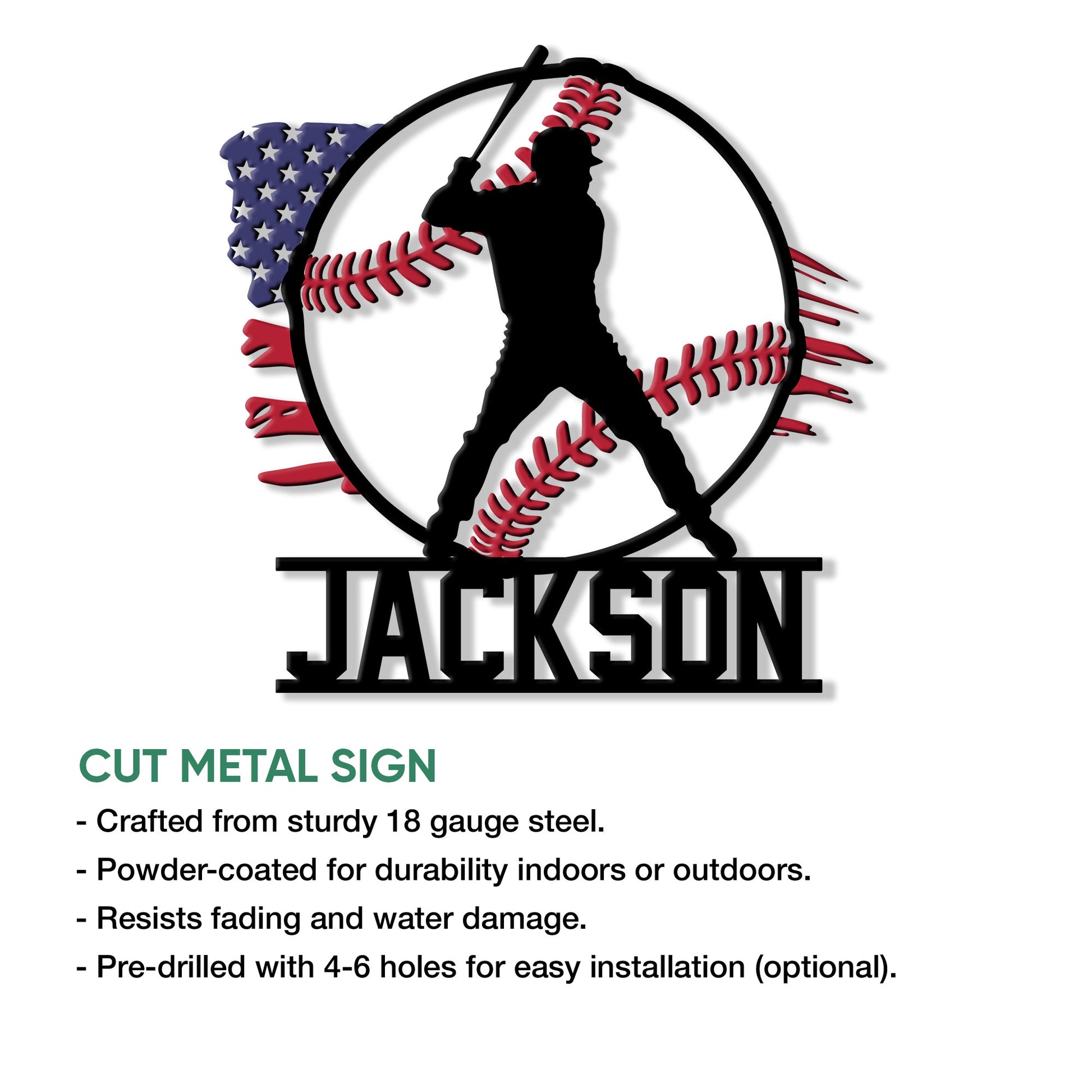 Baseball batter cut metal sign shown with a patriotic baseball design and product feature details