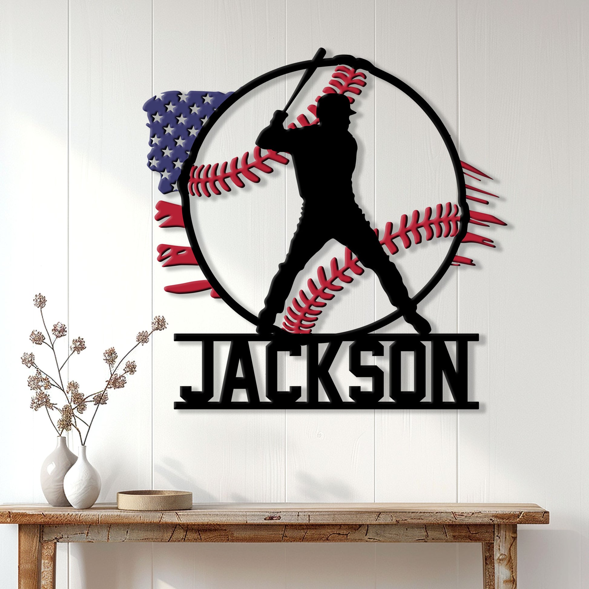 Baseball wall sign displayed above a console table in a bright, modern home interior