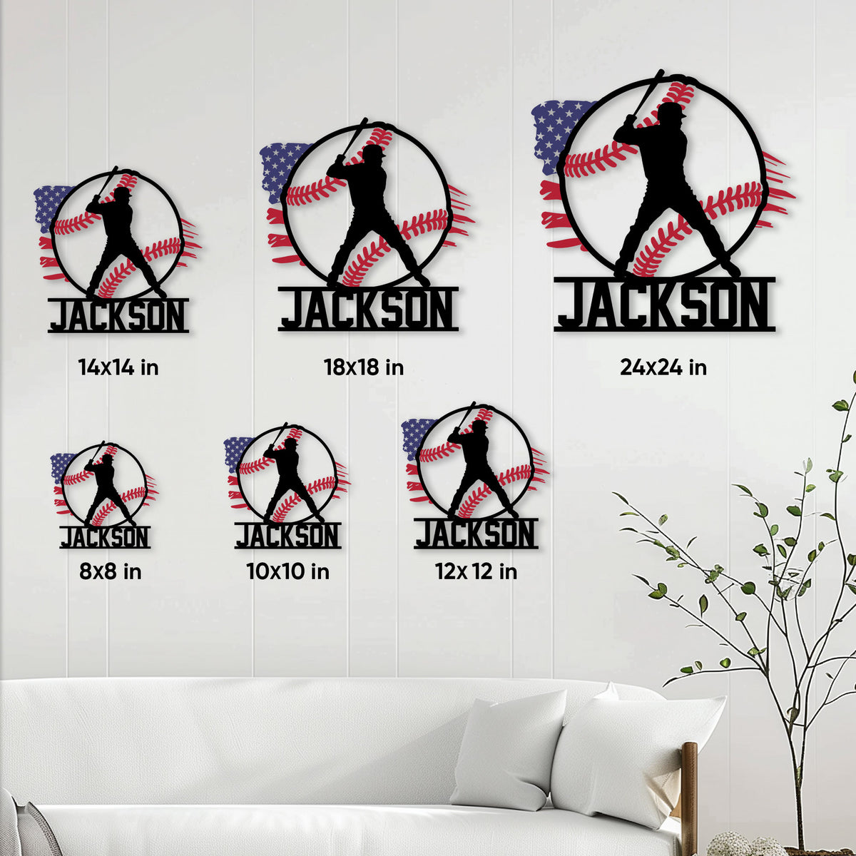 Baseball metal sign size guide showing available square dimensions from 8 by 8 to 24 by 24 inches