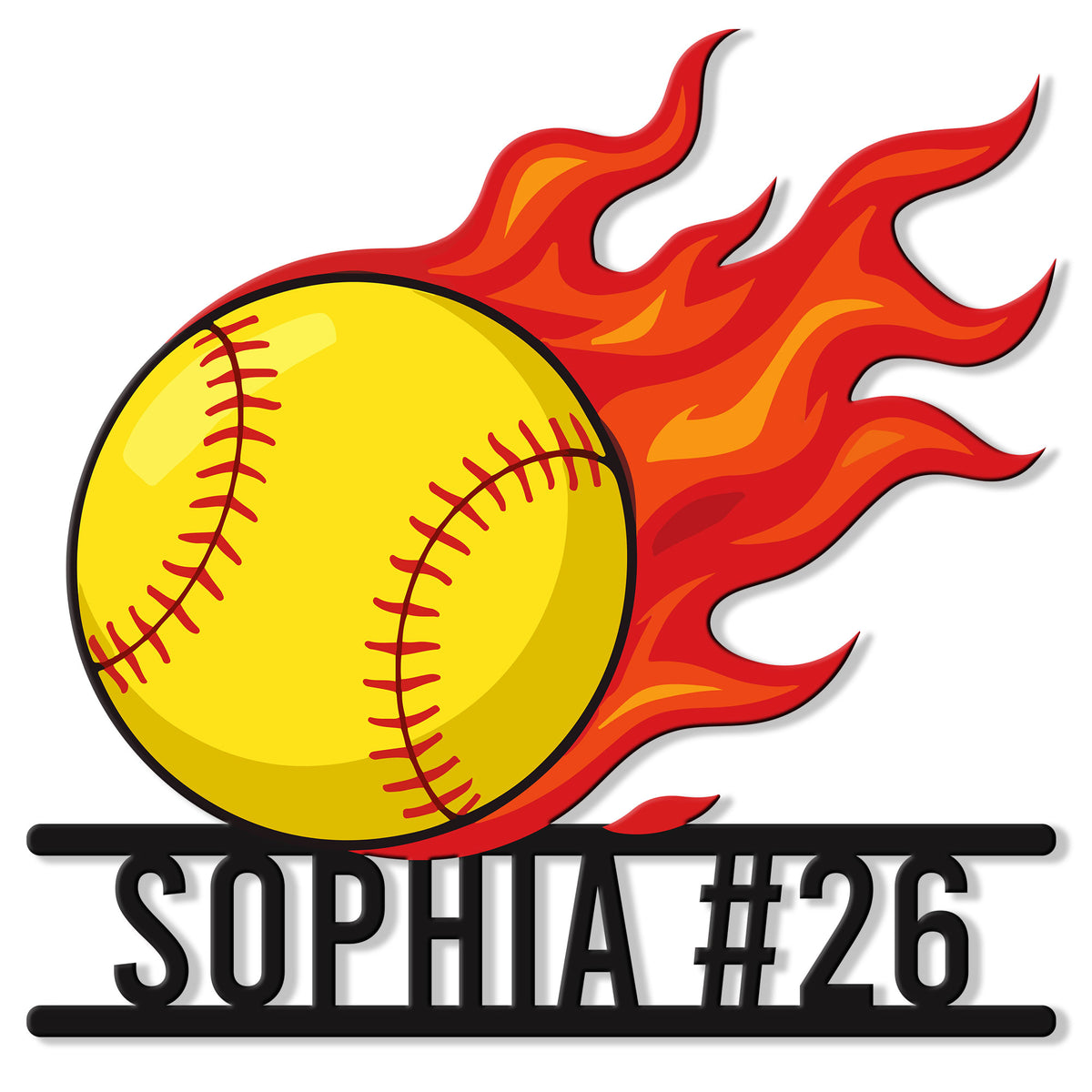 Custom softball metal sign featuring a bright yellow ball with a bold red and orange flame design