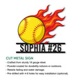 Flaming softball metal sign shown with its cut-metal design and indoor or outdoor display features