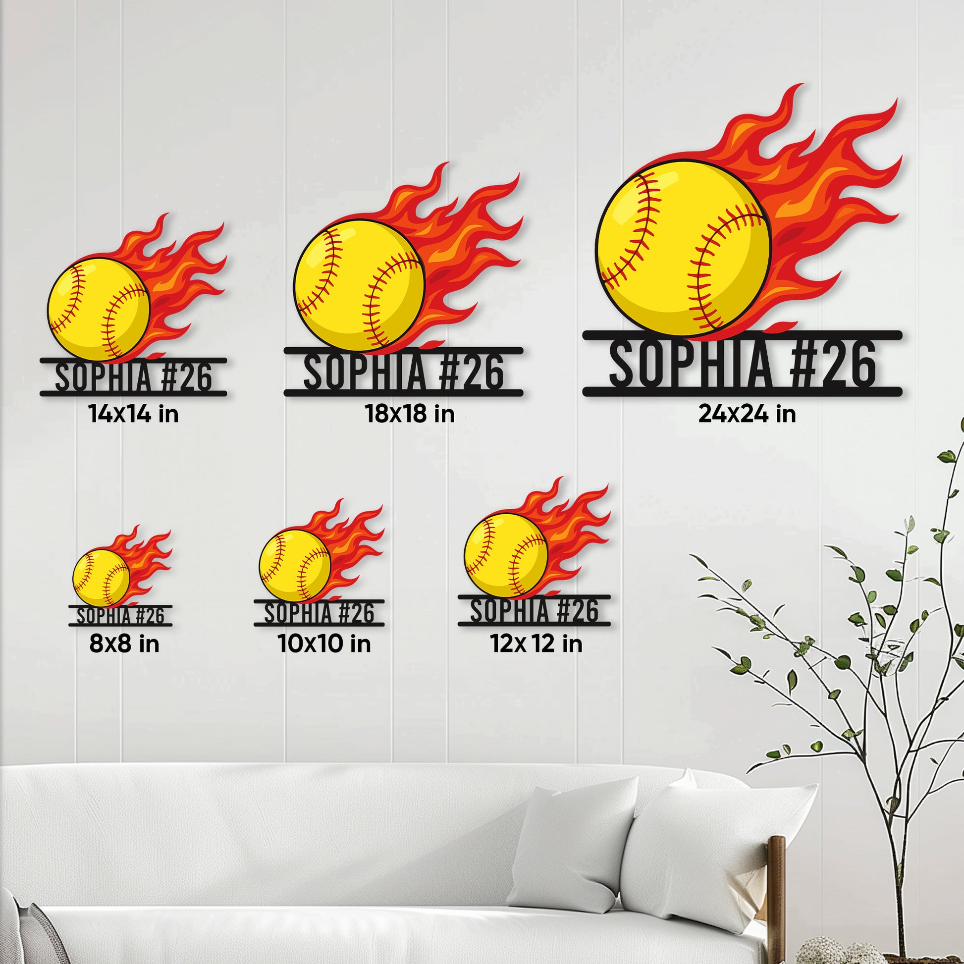 Softball metal sign size guide showing multiple square size options in a living room setting