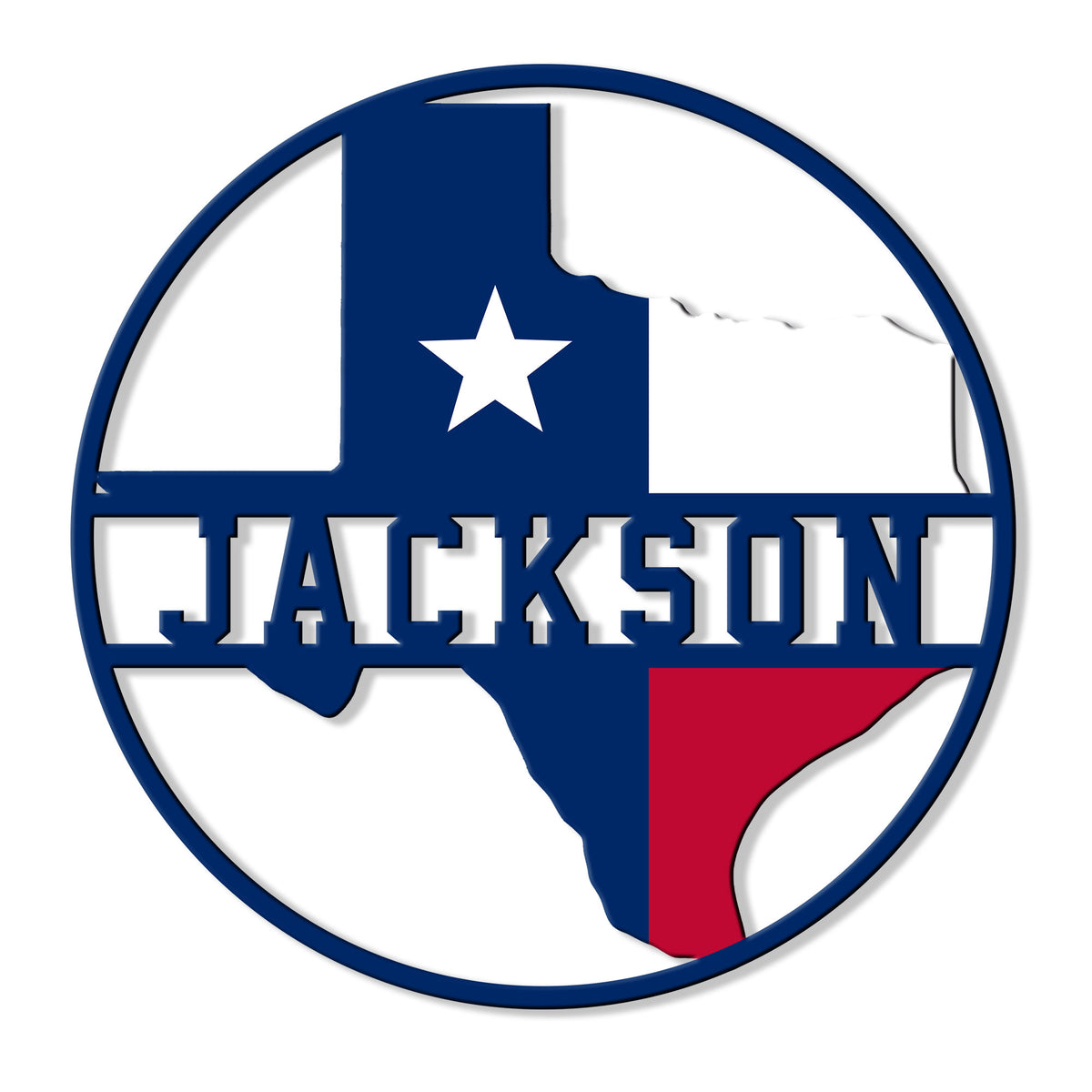 Circular Texas metal sign featuring the Lone Star State outline in bold blue, white, and red