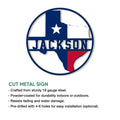 Cut metal Texas wall sign with a circular border, Texas star, and patriotic state-color design