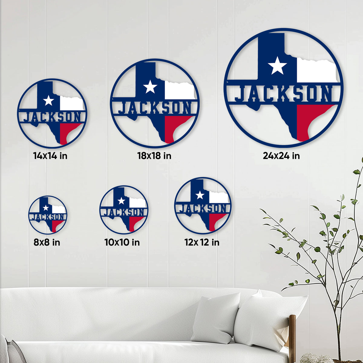 Texas metal sign size guide showing round options from 8x8 inches through 24x24 inches