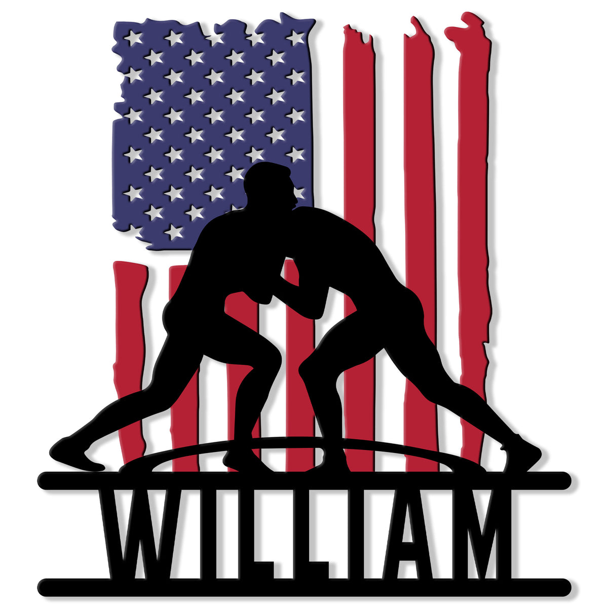 Patriotic wrestling metal sign featuring two grapplers silhouetted against a distressed American flag