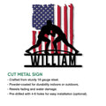 Wrestling cut metal sign with two grapplers, American flag artwork, and indoor or outdoor display details
