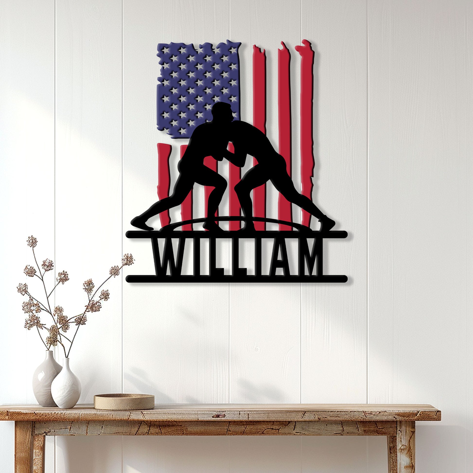 Patriotic wrestler silhouette metal sign displayed as wall decor above a wooden console table