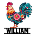 Colorful floral rooster metal sign with vibrant feathers, flowers, and a bold custom design