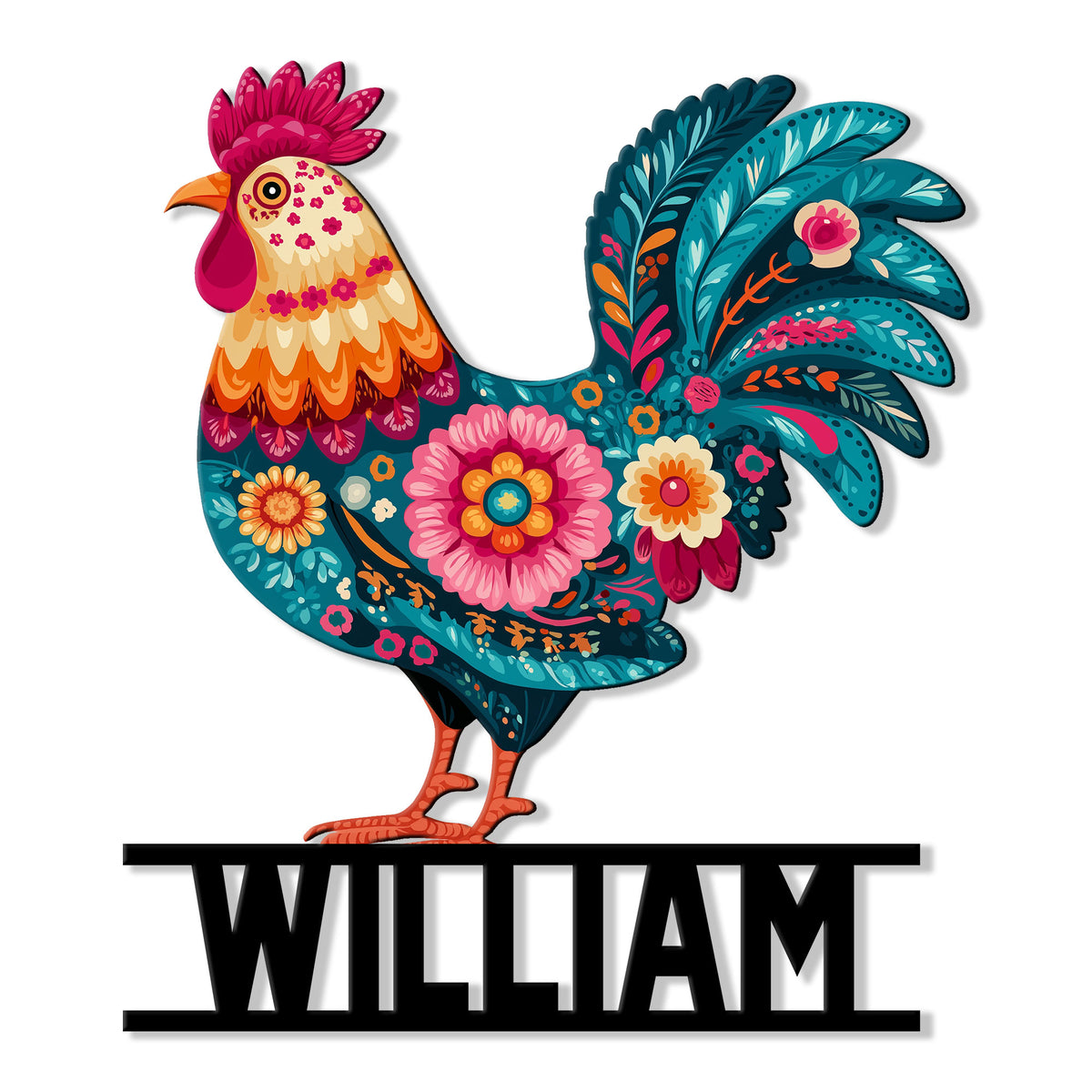 Colorful floral rooster metal sign with vibrant feathers, flowers, and a bold custom design