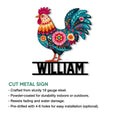 Decorative chicken metal sign featuring a colorful floral rooster and cut metal sign product presentation