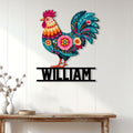 Floral rooster wall decor displayed on a white paneled wall above a console table