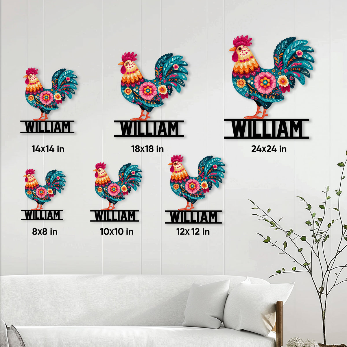 Floral chicken metal sign shown in multiple size options from compact wall decor to large statement art