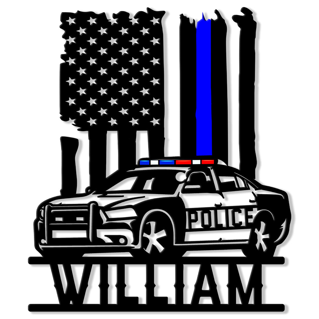 Police car metal sign featuring an American flag, blue stripe, emergency lights, and bold law enforcement artwork