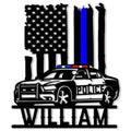 Police car metal sign featuring an American flag, blue stripe, emergency lights, and bold law enforcement artwork