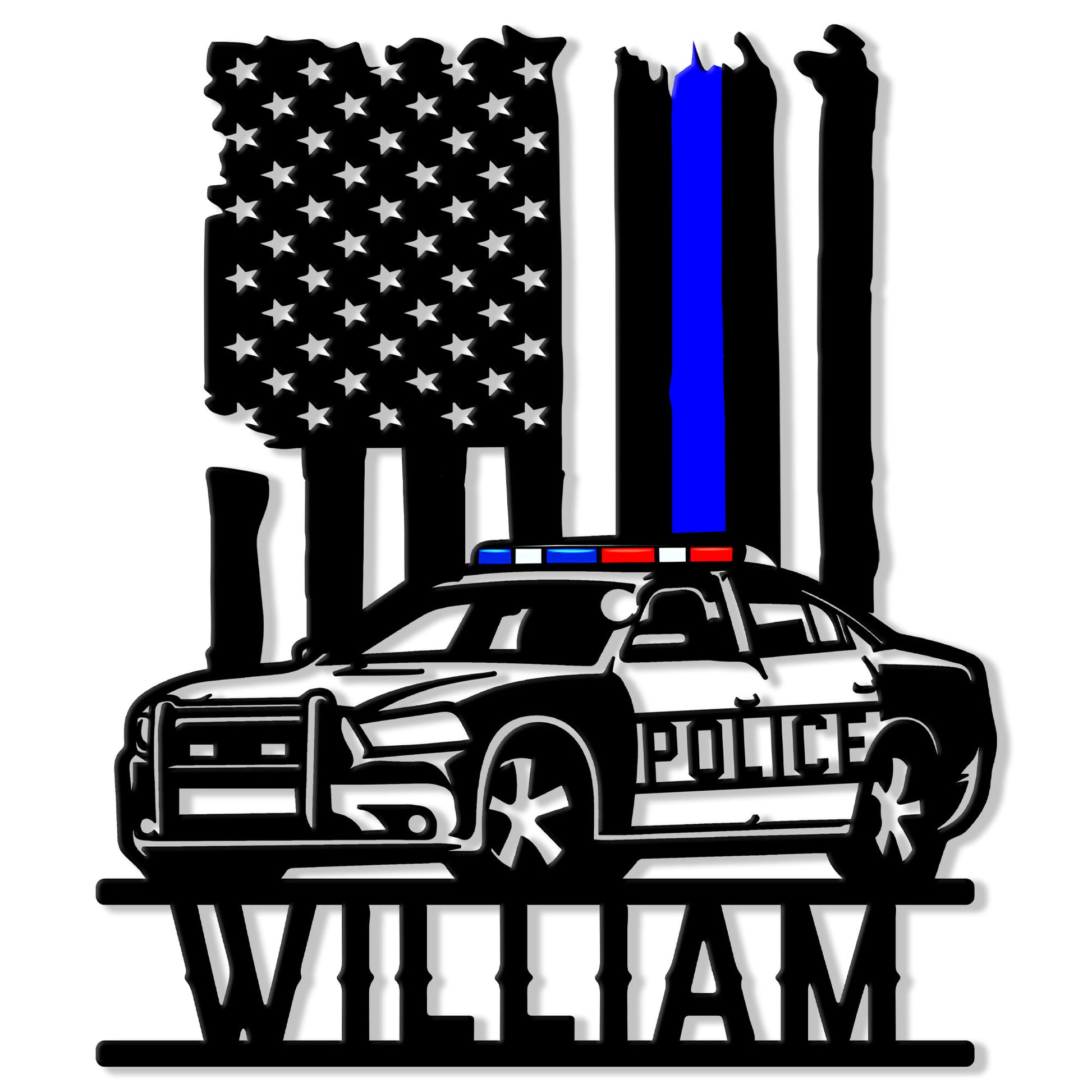Police car metal sign featuring an American flag, blue stripe, emergency lights, and bold law enforcement artwork
