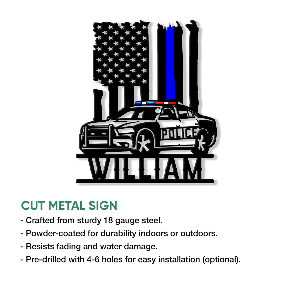 Police metal sign product detail showing a patrol car beneath an American flag and blue stripe design