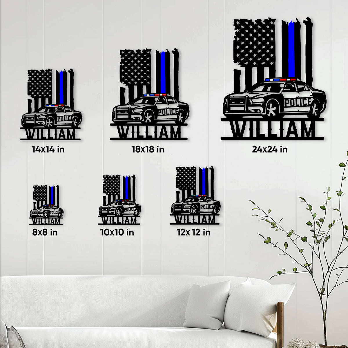 Police car metal sign size guide showing available square sizes from 8 by 8 to 24 by 24 inches
